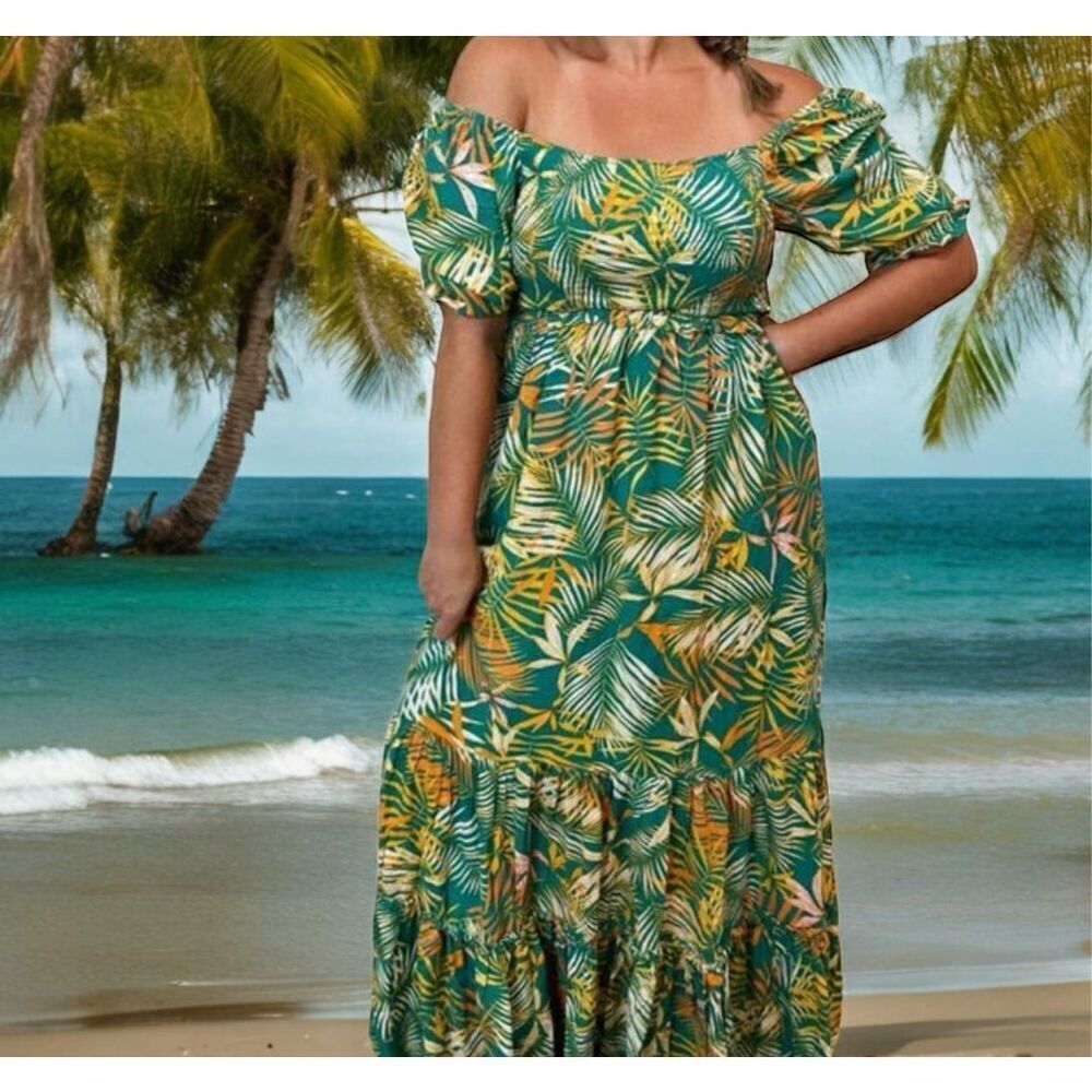 Betsey Johnson XL Maxi Dress Square Neck Puff Sleeves Tropical Pepper Green - Picture 1 of 9